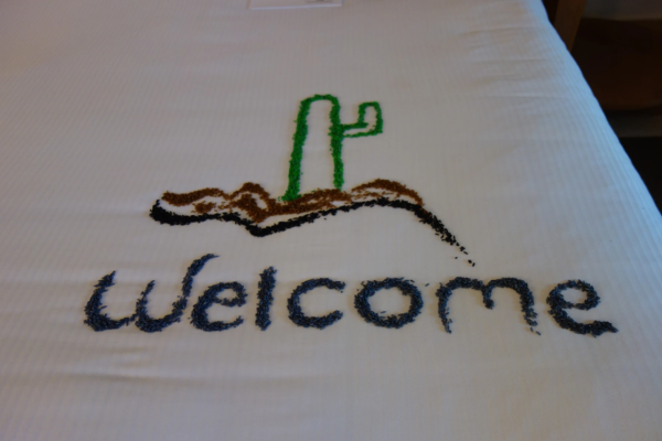 Welcome design made with colored rice